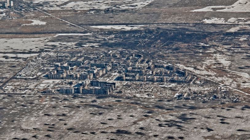 FILE - An aerial view of Vuhledar, the site of heavy battles with the Russian troops in the Donetsk region, Ukraine, Feb. 10, 2023. (AP Photo/Libkos, File)