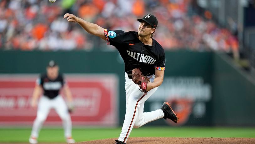 Baltimore Orioles starting pitcher Dean Kremer delivers during the first inning of a baseball game against the Tampa Bay Rays, Friday, Sept. 6, 2024, in Baltimore. (AP Photo/Stephanie Scarbrough)