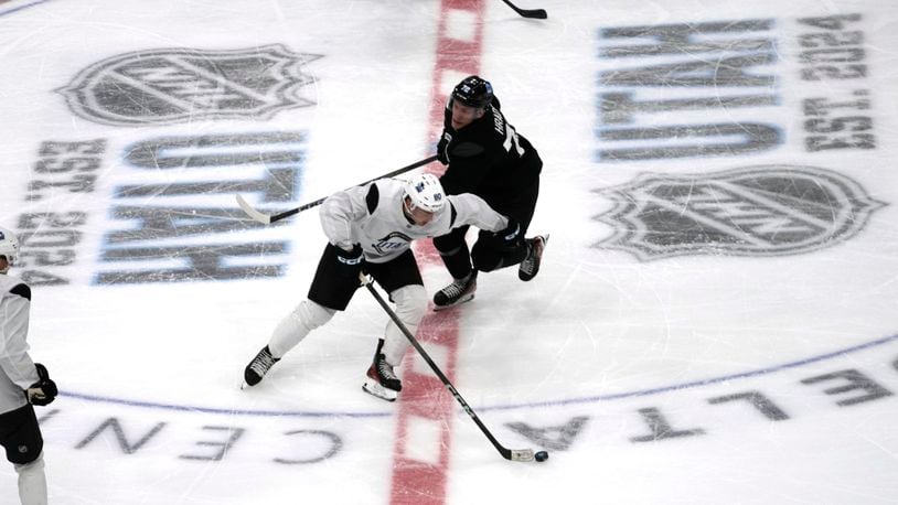 Members of the Utah Hockey Club development camp intrasquad skate during their scrimmage at the Delta Center, Friday, July 5, 2024, in Salt Lake City. (AP Photo/Rick Bowmer, File)