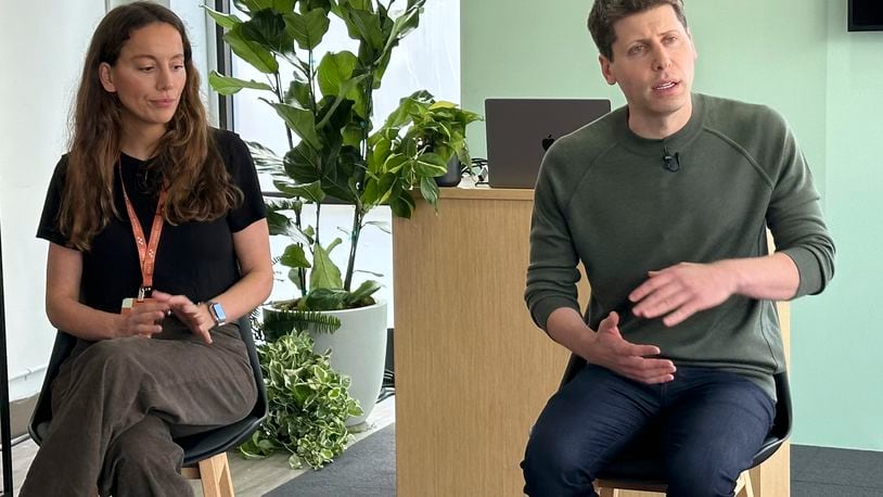 FILE - Sam Altman, right, CEO of ChatGPT maker OpenAI, and Mira Murati, chief technology officer, appear at OpenAI DevDay, OpenAI's first developer conference, on Nov. 6, 2023 in San Francisco. (AP Photo/Barbara Ortutay, File)