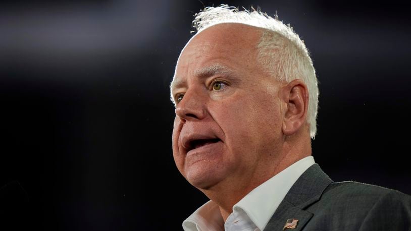 Democratic vice presidential candidate Minnesota Gov. Tim Walz speaks during a campaign event in York, Pa., Wednesday, Oct. 2, 2024. (AP Photo/Matt Rourke)