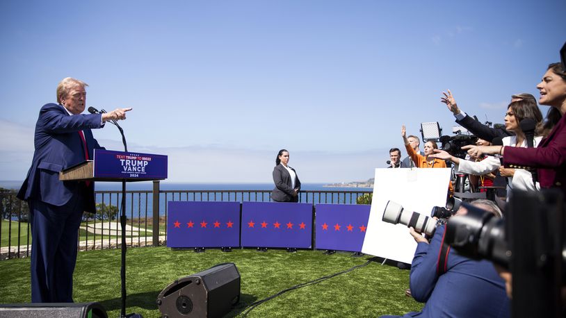 Former President Donald Trump, the Republican presidential nominee, speaks to reporters at Trump National Golf Club Los Angeles in Rancho Palos Verdes, Calif., on Friday, Sept. 13, 2024. (Jenna Schoenefeld/The New York Times)