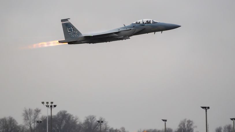 The first F-15EX departs a Boeing facility in St. Louis, Mo, in route to Eglin Air Force Base, Fla. (Photo by Boeing Co.)