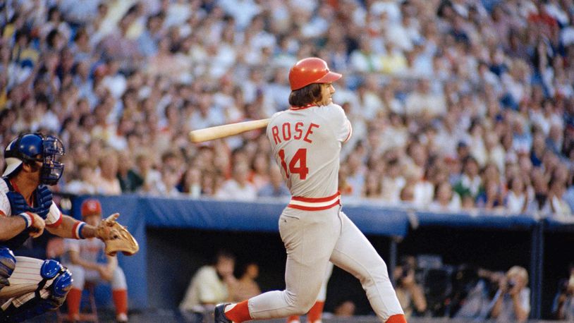 FILE - Pete Rose of the Cincinnati Reds in action at the bat against the Atlanta Braves in Atlanta, Aug. 2, 1978. At left is Atlanta catcher Joe Nolan. (AP Photo, File)