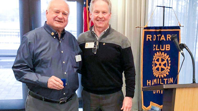 Rick Bethart, a 50-year member of the Rotary Club of Hamilton, was named a 10-time Paul Harris Fellow during a meeting five years ago. Presenting the award was former Rotary President Woody Fitton. Bethart died on Aug. 8. He was 92. CONTRIBUTED