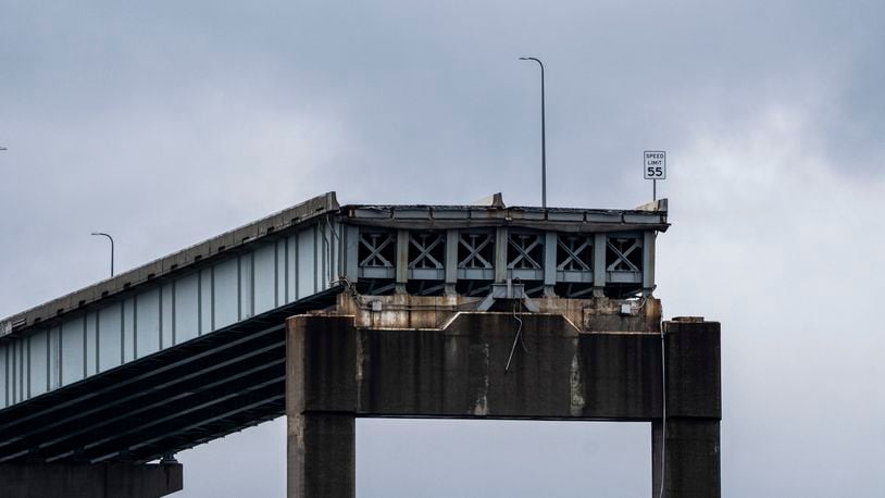 FILE - A section of the damaged and collapsed Francis Scott Key Bridge is seen, in the Baltimore port, April 1, 2024. (Kaitlin Newman/The Baltimore Banner via AP, File)