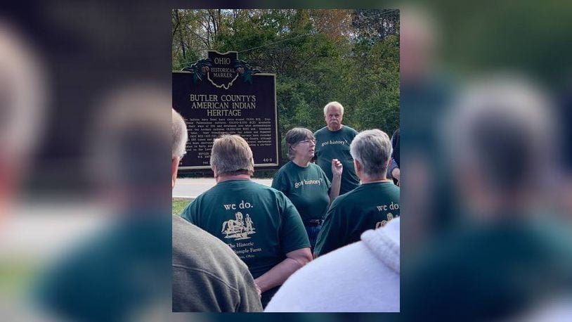 Kathy Creighton of the Butler County Historical Society speaks Saturday about Butler County’s American Indian heritage as an Ohio historical marker is dedicated near her home in Hanover Township. PROVIDED