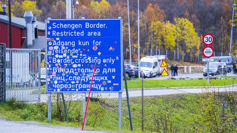 FILE - A sign indicating the Storskog border crossing between Russia and Norway is pictured near Kirkenes, Norway, on Sept. 28, 2022. (Lise Aserud/NTB Scanpix via AP, File)