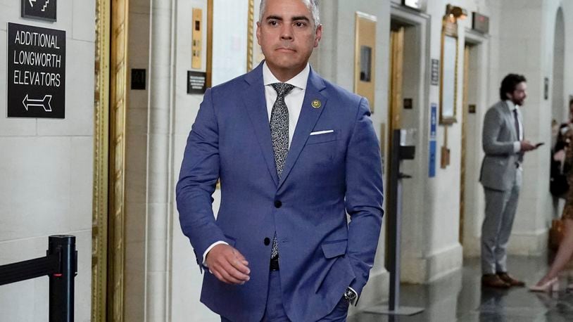 FILE - Rep. Juan Ciscomani, R-Ariz., arrives for a House Republican caucus meeting at the Capitol, Friday, Oct. 13, 2023. (AP Photo/Mariam Zuhaib, File)