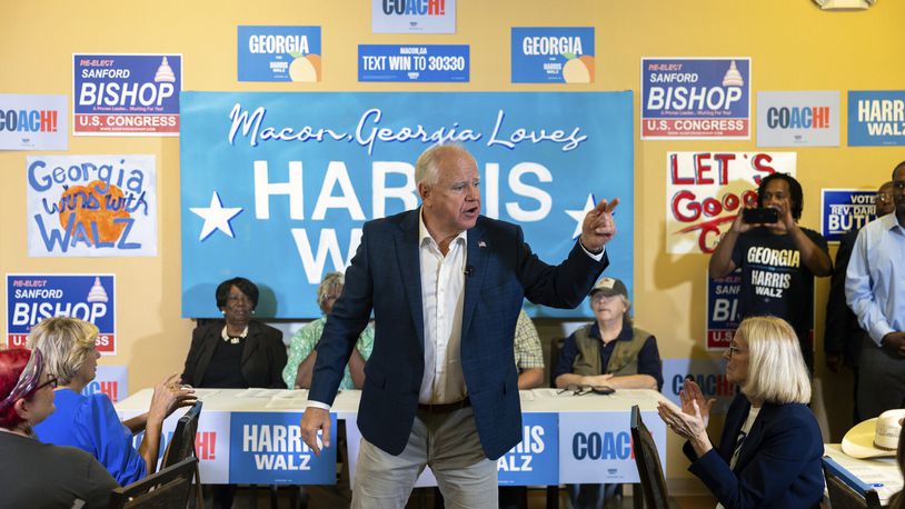 Democratic vice presidential candidate Tim Walz speaks to supporters at a Democratic campaign office in Macon, Ga., Tuesday, Sept. 17, 2024. (Arvin Temkar/Atlanta Journal-Constitution via AP)