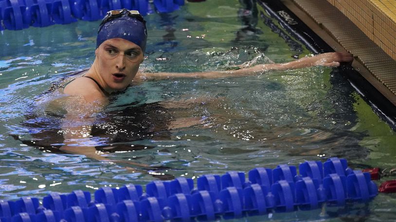 FILE - Pennsylvania's Lia Thomas waits for results after swimming the women's 200 freestyle final at the NCAA swimming and diving championships Friday, March 18, 2022, at Georgia Tech in Atlanta. (AP Photo/John Bazemore, File)