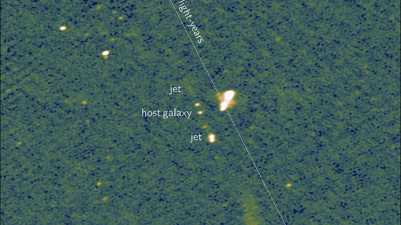 This undated image provided by Caltech, taken by Europe's LOFAR (LOw Frequency ARray) radio telescope, shows the longest known pair of black hole jets, as reported Wednesday, Sept. 18, 2024, in the journal Nature. (LOFAR Collaboration/Martijn Oei/Caltech via AP)