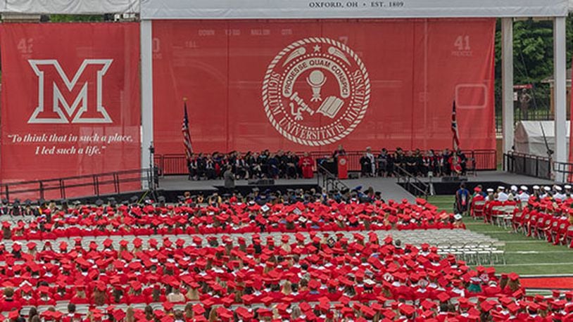Miami jumped from 34th to 28th in the nation for best value, according to a recently released Princeton Review of America’s colleges. And though the university only created its Honors College in 2021, the school is already ranked 6th best in such programs by a national review board. Pictured is Miami’s spring graduation ceremony at Yager Stadium. CONTRIBUTED