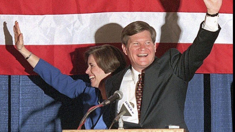 FILE - Newly elected senator for South Dakota Tim Johnson and wife Barbara wave at cheering supporters at a celebration in Sioux Falls, S.D., Nov. 5, 1996. (Frank Robertson/The Argus Leader via AP, file)