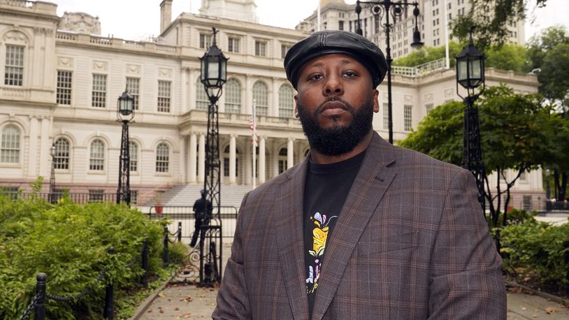 Shamel Kelly poses after a news conference in New York's City Hall Park, Tuesday, Oct. 1, 2024. (AP Photo/Richard Drew)