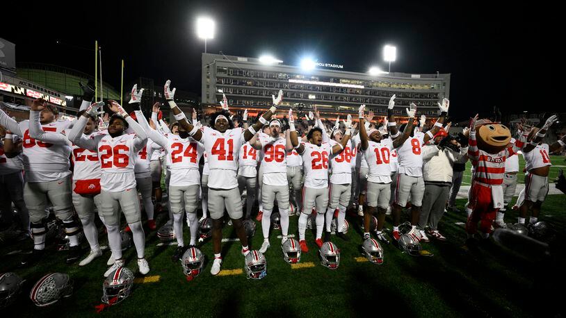Ohio State celebrates after an NCAA college football game against Maryland, Saturday, Nov. 19, 2022, in College Park, Md. Ohio State won 43-30. (AP Photo/Nick Wass)