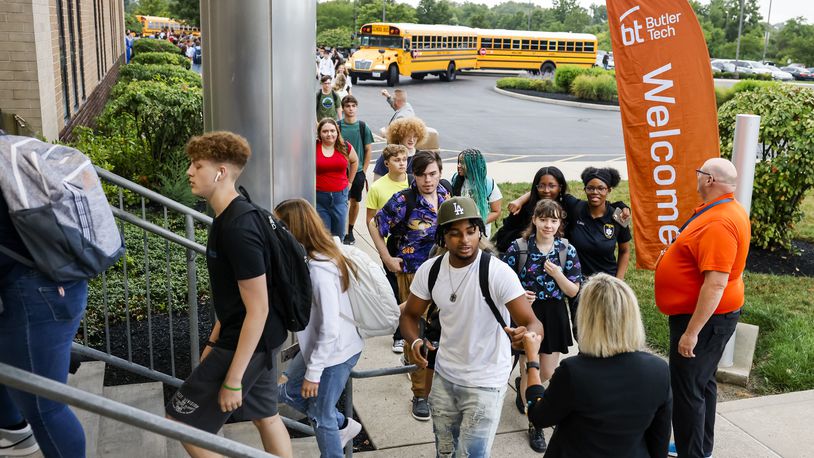 Students are greeted by faculty on the first day of school at Butler Tech Thursday, Aug. 10, 2023 in Fairfield Twp. NICK GRAHAM/STAFF