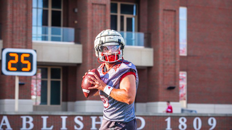 Miami quarterback Brett Gabbert drops back to pass during the RedHawks's first day of camp on Thursday at Yager Stadium. Miami Athletics photo