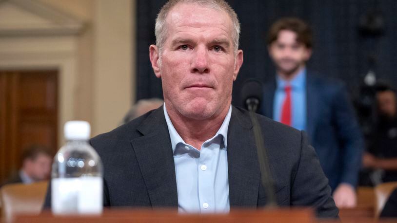 Former NFL quarterback Brett Favre appears before the House Committee on Ways and Means on Capitol Hill, Tuesday, Sept. 24, 2024, in Washington. (AP Photo/Mark Schiefelbein)