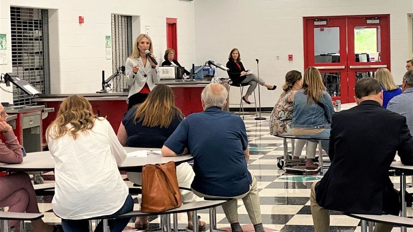 For the first time, applicants for Lakota School’s top leadership job meet with and answered questions submitted by residents of Butler County’s largest school system. The new twist to Lakota’s superintendent hiring process, which is being conducted by the Lakota school board, saw the three remaining finalists answering questions sent in earlier by the public in response to an online solicitation by school system. The three candidates each participated in 30-minute question and answer sessions open to the public and conducted at Lakota West High School on Tuesday afternoon. Pictured standing with a microphone is candidate Ashley Whitely. (Provided Photo\Journal-News)