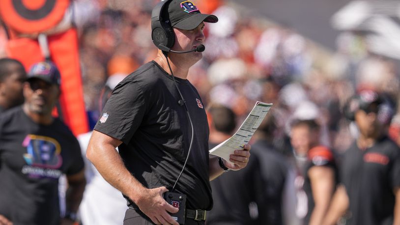 Cincinnati Bengals head coach Zac Taylor looks on during the first half of an NFL football game against the Baltimore Ravens, Sunday, Oct. 6, 2024, in Cincinnati. (AP Photo/Jeff Dean)