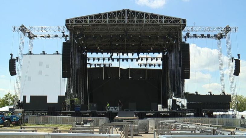 The stage for the first-ever Voices of America Country Music Fest is prepared and ready for performances of more than 30 country music artists. CONTRIBUTED/EMILY GIBNEY/WCPO