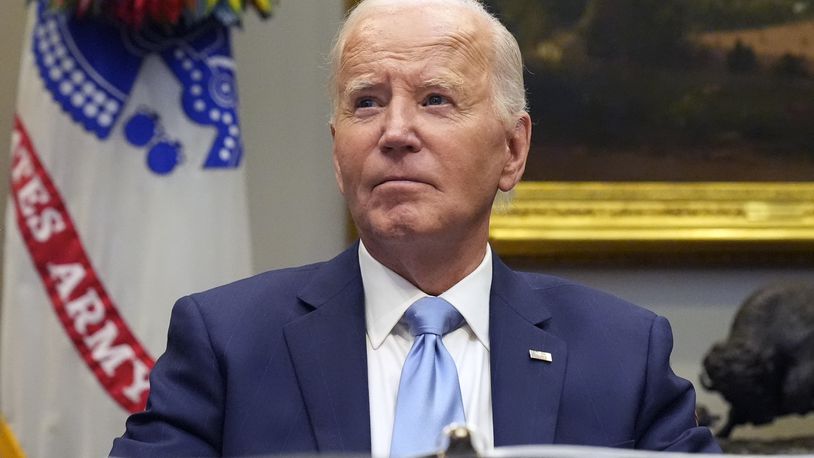 President Joe Biden listens during a briefing on the government's response to Hurricane Helene in the Roosevelt Room of the White House in Washington, Tuesday, Oct. 1, 2024. (AP Photo/Mark Schiefelbein)