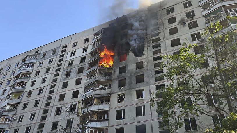 Flames rise after a Russian aerial bomb struck a multi-story residential building in Kharkiv, Ukraine, Sunday Sept. 15, 2024. (Ukrainian Presidential Press Office via AP)