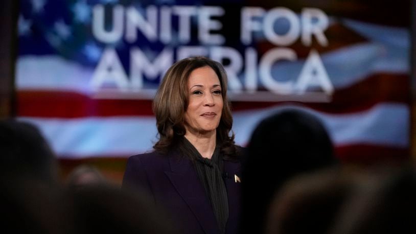 Democratic presidential nominee Vice President Kamala Harris listens as she joins Oprah Winfrey at Oprah's Unite for America Live Streaming event Thursday, Sept. 19, 2024 in Farmington Hills, Mich. (AP Photo/Paul Sancya)