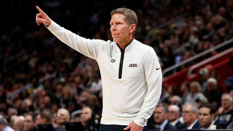 FILE - Gonzaga head coach Mark Few signals from the sideline during the first half of a Sweet 16 college basketball game against Purdue in the NCAA Tournament, March 29, 2024, in Detroit. (AP Photo/Duane Burleson, File)