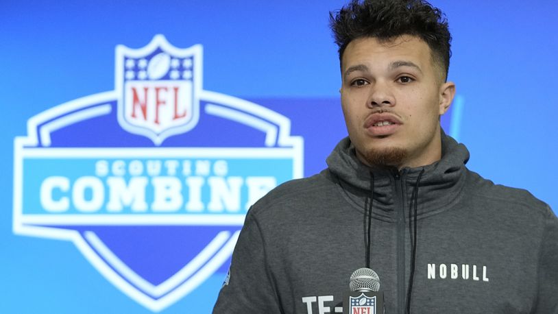 Iowa tight end Erick All speaks during a news conference at the NFL football scouting combine, Thursday, Feb. 29, 2024, in Indianapolis. (AP Photo/Darron Cummings)