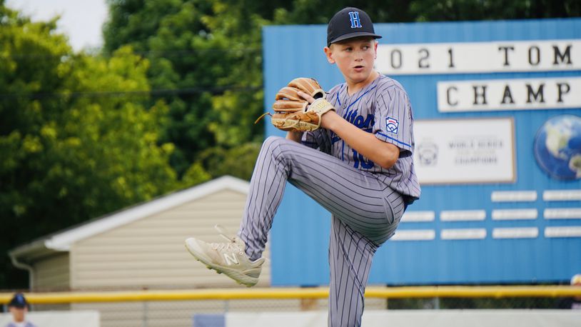 West Side's Eddie Frazier (10) prepares to send a pitch to the plate against Boardman on Sunday in the Ohio Little League state tournament at West Side Little League. Chris Vogt/CONTRIBUTED