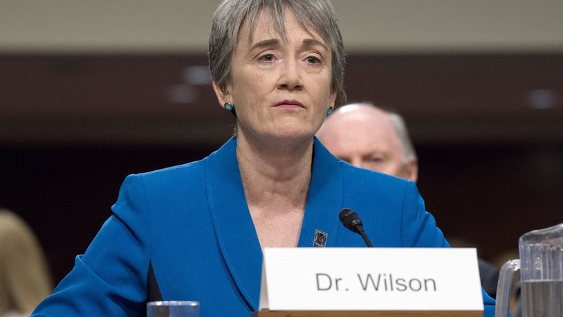Air Force Secretary Heath Wilson, shown testifying before the US Senate Armed Services Committee on March 30, 2017 after her nomination to the post, opposed the creation of a separate space corps. (Ron Sachs/CNP/Sipa USA/TNS)