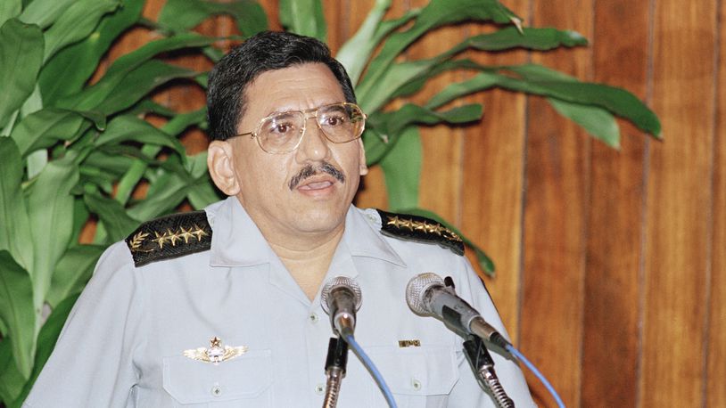 FILE - General Humberto Ortega, head of the Nicaraguan Army, confirms the announcement of his retirement from the army at the presidential house in Managua, Nicaragua, May 18, 1994. (AP Photo/Mark Hume, File)