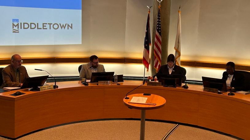 The four new Middletown City Council attended their first meeting together Tuesday night. It was the first time in city history where four new member were elected or appointed in the same year. From left: Paul Horn, Steve West II, Mayor Elizabeth Slamka and Jennifer Carter. Zack Ferrell was unable to attend the meeting. RICK McCRABB/STAFF