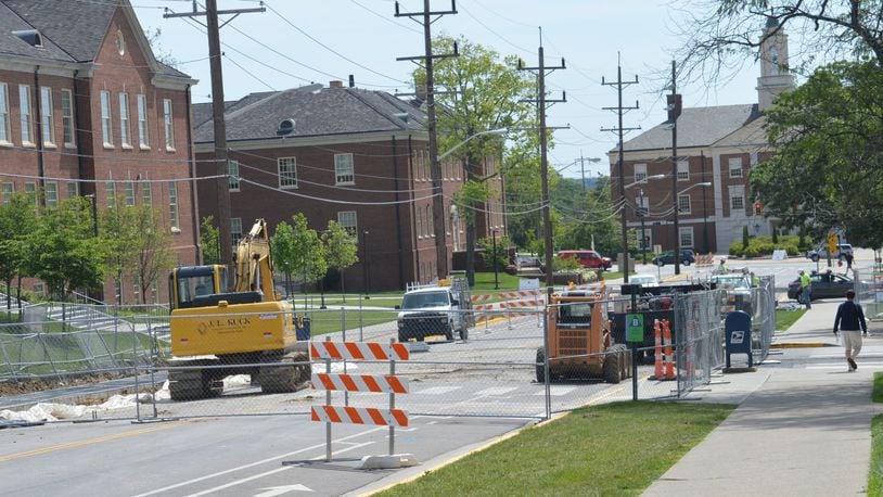 Work underway at the intersection of Spring and Maple streets will soon have a three-way stop there and a “raised table” built into it to force traffic moving through the area to slow down. CONTRIBUTED/BOB RATTERMAN