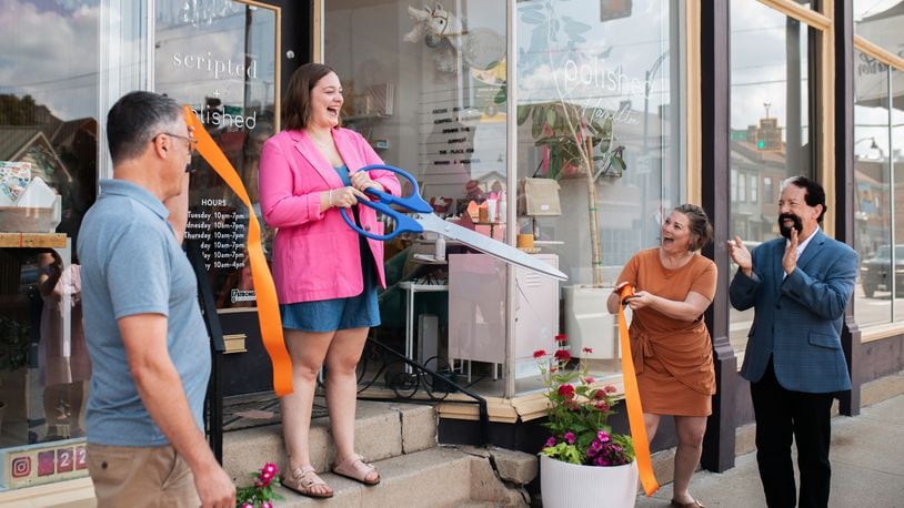 Abby O'Neal (center) owner and nail technician at Polished Hamilton and her mom Carrie O'Neal Brenner, (right) owner of Scripted Studio, celebrate the opening of Polished Hamilton