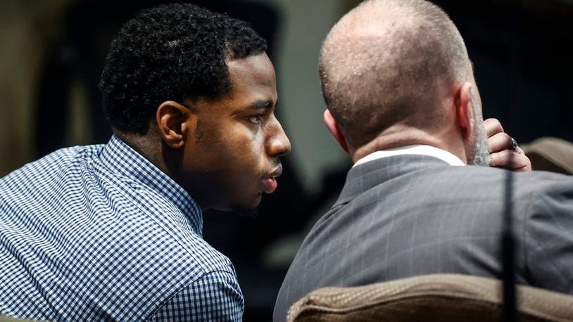 Defendant Justin Johnson, left, appears in court, as the murder trial of rapper Young Dolph begins in Memphis, Tenn., Monday, Sept. 23, 2024. (Mark Weber/Daily Memphian via AP)