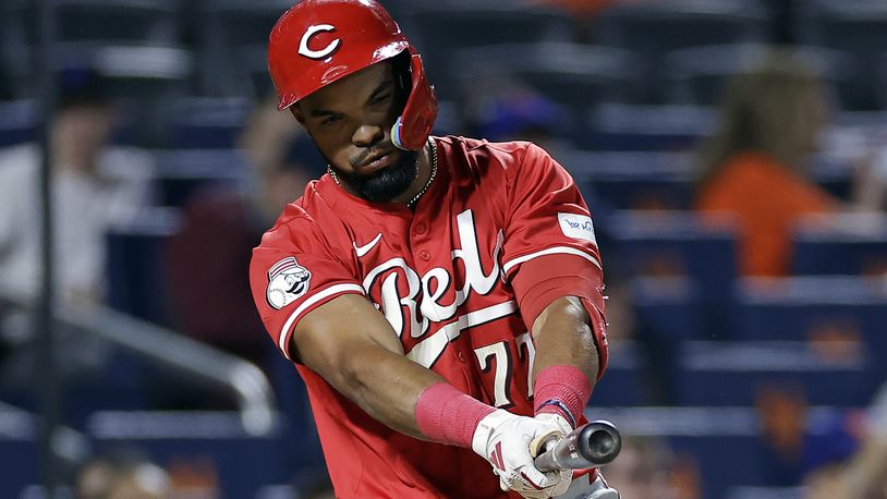 Cincinnati Reds' Rece Hinds reacts after striking out during the ninth inning of a baseball game against the New York Met,s Saturday, Sept. 7, 2024, in New York. The Mets won 4-0. (AP Photo/Adam Hunger)