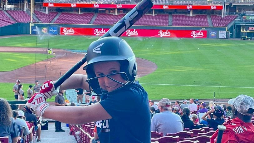 Piper Wade, 8, of Beavercreek participates in a Major League Baseball Pitch, Hit & Run competition at Great American Ball Park in Cincinnati in 2022. Contributed photo