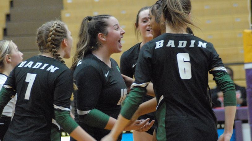 The Badin High School girls volleyball team celebrates a point during a regional semifinal against Marengo Highland on Thursday. Chris Vogt/CONTRIBUTED