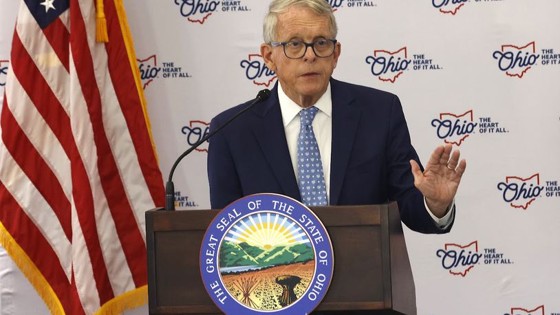 Gov. Mike DeWine, speaking Monday Aug. 19, 2024 at the University of Dayton, naming Dayton as Ohio's second "Innovation Hub." MARSHALL GORBY/STAFF