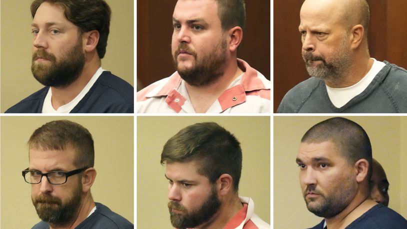 FILE - This combination of photos shows former Mississippi law enforcement officers who pleaded guilty to state and federal charges for torturing two Black men, from top left, former Rankin County sheriff’s deputies Hunter Elward, Christian Dedmon, Brett McAlpin, Jeffrey Middleton, Daniel Opdyke and former Richland police officer Joshua Hartfield, during court appearances Monday, Aug. 14, 2023, in Brandon, Miss. (AP Photo/Rogelio V. Solis, File)