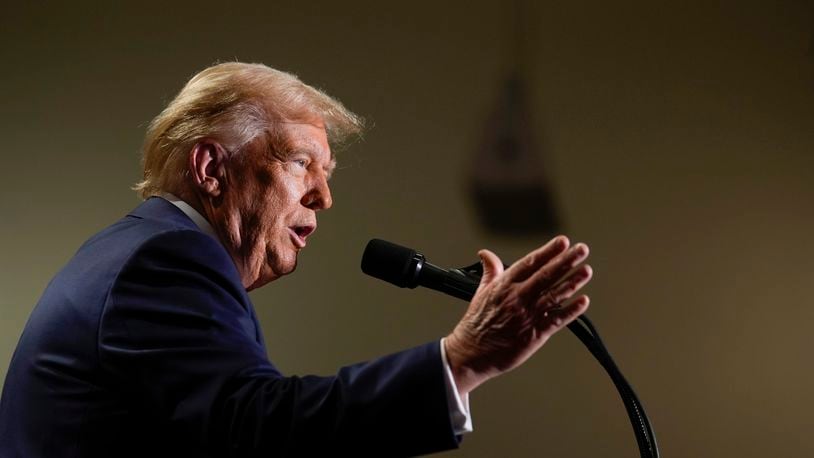 Republican presidential nominee former President Donald Trump speaks at a campaign event, Sunday, Sept. 29, 2024, in Erie, Pa. (AP Photo/Matt Rourke)