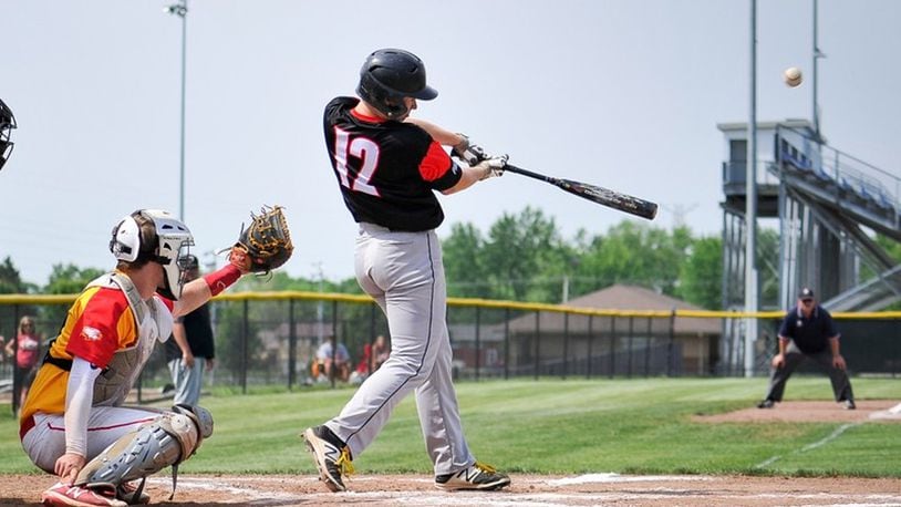 Franklin’s Casey Judy connects for a double during their Division II district championship baseball game against Fenwick on May 24 at Miamisburg High School in Miamisburg. Franklin won 11-2. NICK GRAHAM/STAFF