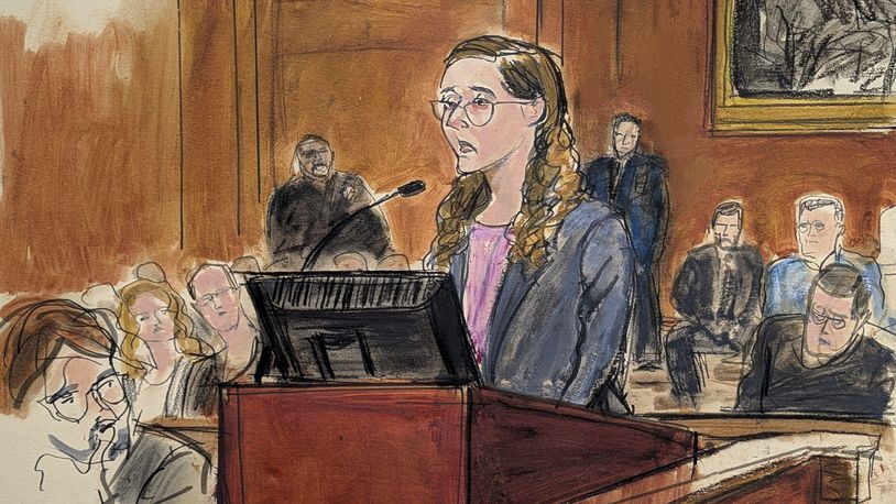 In this courtroom sketch, Caroline Ellison gives her sentencing statement, Tuesday, Sept. 24, 2024, at Manhattan federal court in New York. (Elizabeth Williams via AP)