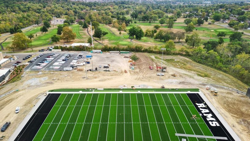 The turf field is being installed at Badin's new stadium Monday, Sept. 23, 2024 in Hamilton. NICK GRAHAM/STAFF