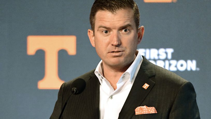 FILE - University of Tennessee's new Director of Athletics Danny White speaks during a press conference in Knoxville, Tenn., Jan. 22, 2021. (Caitie McMekin/Knoxville News Sentinel via AP, Pool, File)