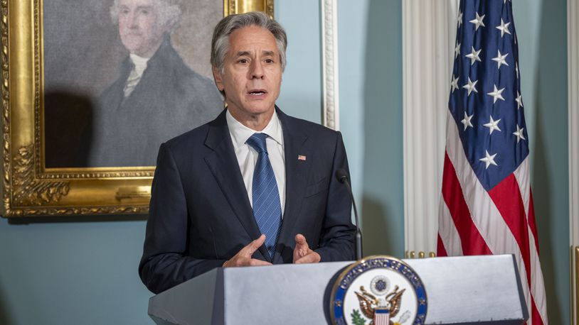 Secretary of State Antony Blinken speaks during a memorandum of cooperation signing ceremony with Norway's Foreign Minister Espen Barth Eide at the State Department on Monday, Sept. 30, 2024, in Washington. (AP Photo/Kevin Wolf)