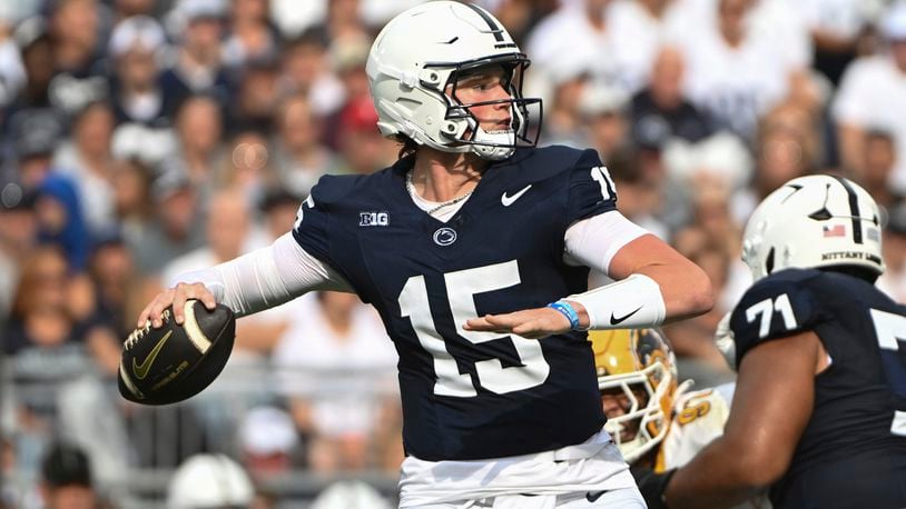 Penn State quarterback Drew Allar (15) looks to throw a pass against Kent State during the first quarter of an NCAA college football game, Saturday, Sept. 21, 2024, in State College, Pa. (AP Photo/Barry Reeger)